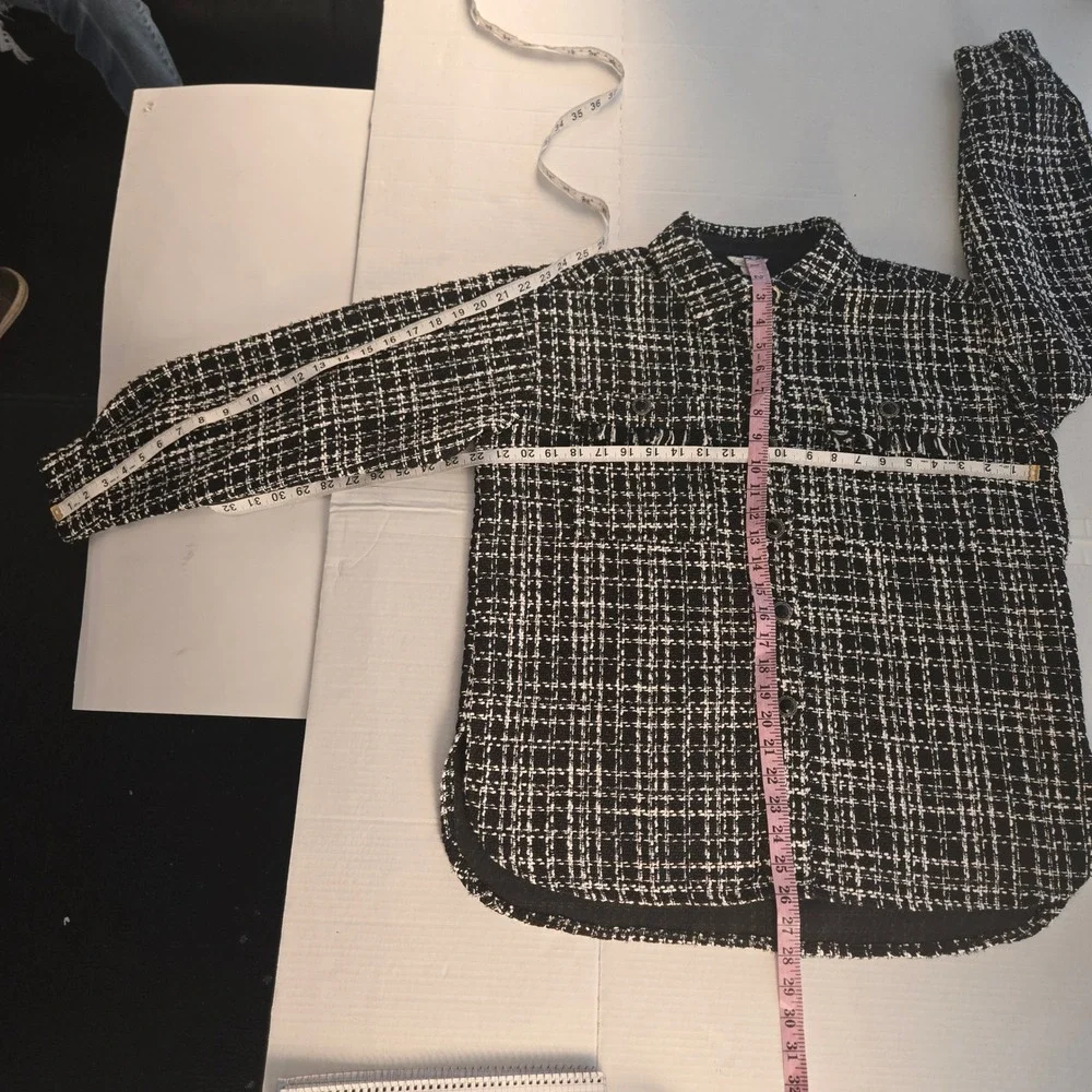 Cato Black White Tweed Shirt Jacket Shacket Button Front Fringe Pockets Small